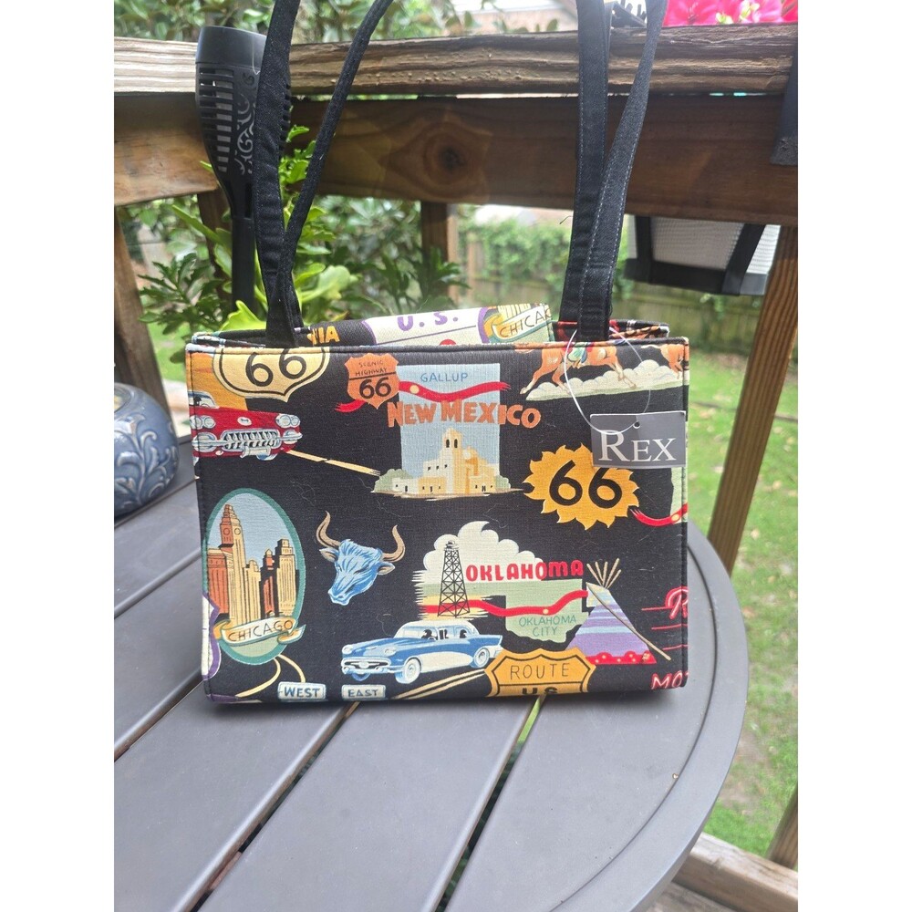 NWT Rex Route 66 Graphic Print Tote Shoulder Bag Zip Closure w/ Pouch, Lined
